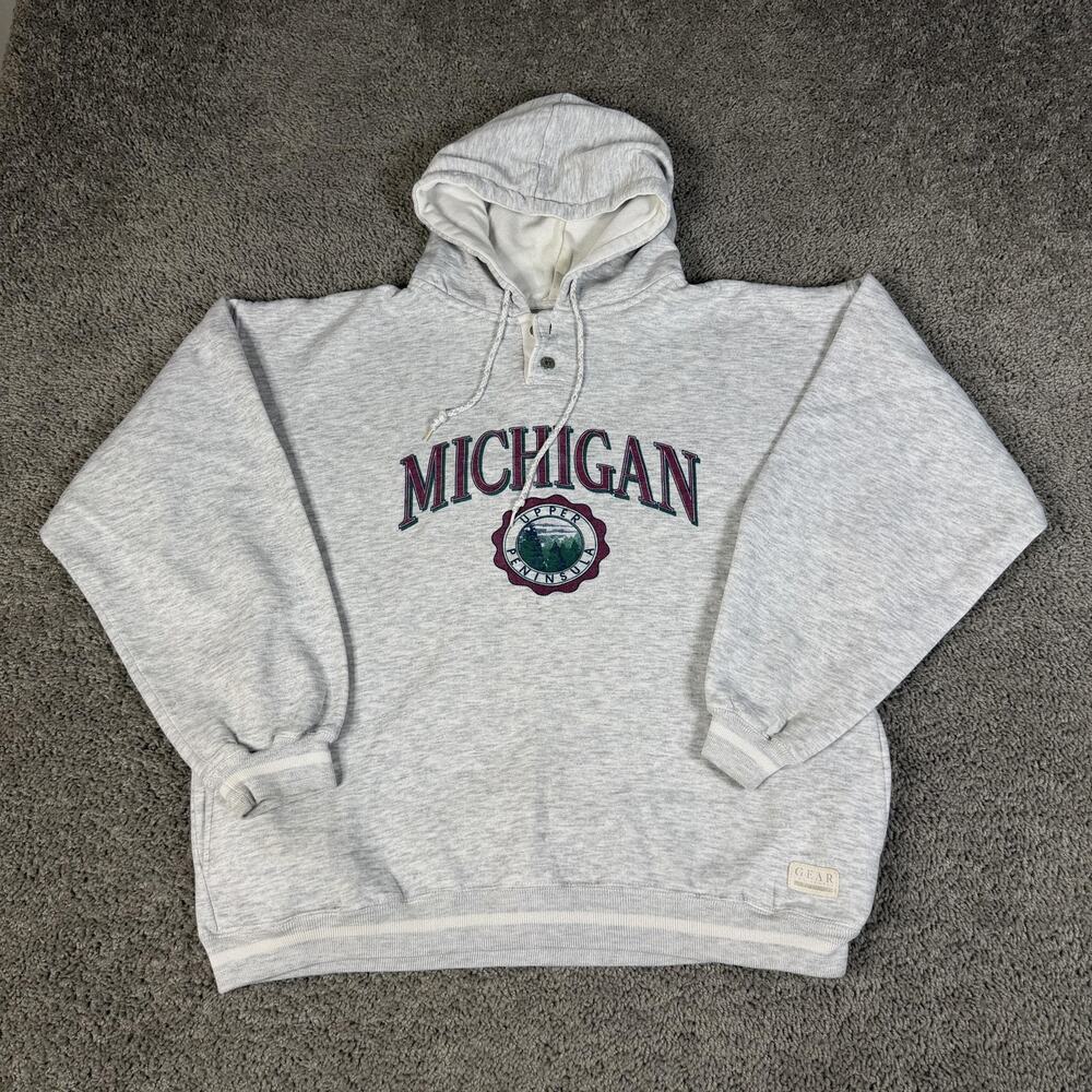 Vintage Michigan Hoodie Mens XL Gray Upper Peninsula Pullover Gear For Sports
